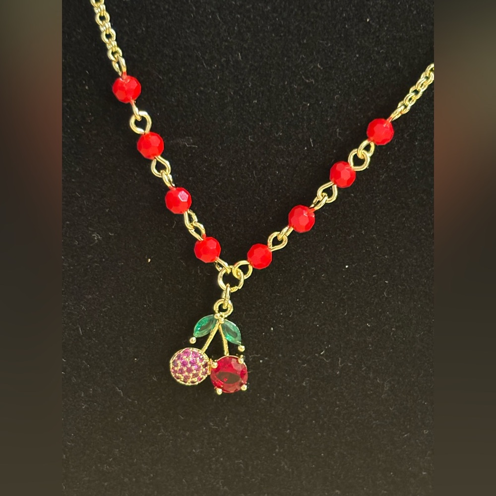 18k  Gold‎  plated and Red Cherry Pendant Necklace 17.5"